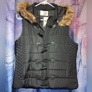 Vanity Black Puffer Coat Ski Jacket Vest Faux Fur Hood Fleece Lined NWT $50